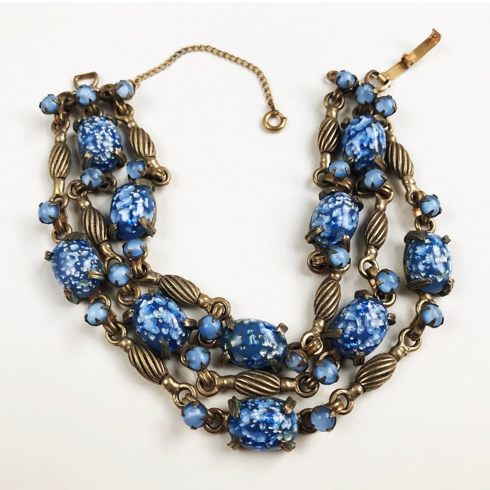 Blue crystal bracelet gold tone, statement multi layer bracelet, vintage jewelry